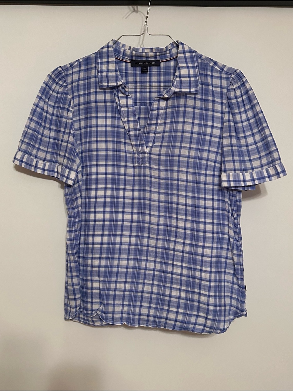 Tommy Hilfiger Blue and White Plaid Short-Sleeve Polo